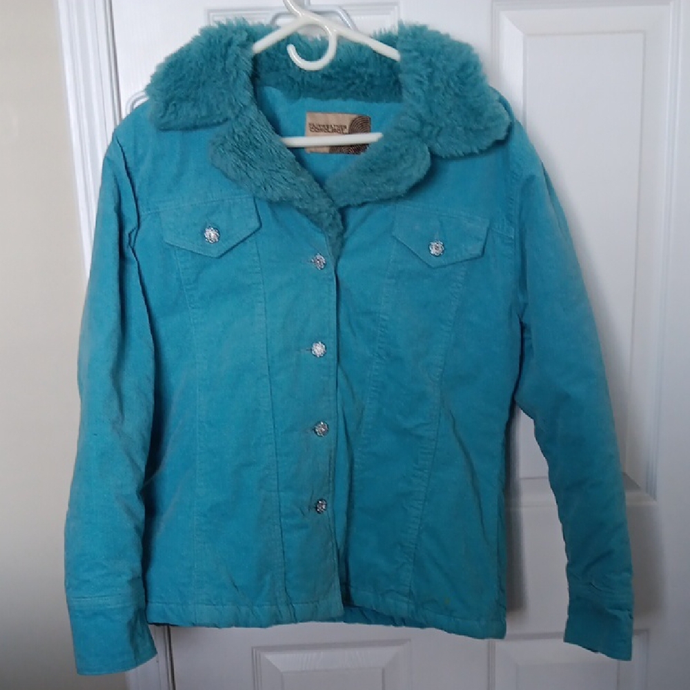 Stylish Women's Turquoise Jean Jacket with Faux Fur Collar
